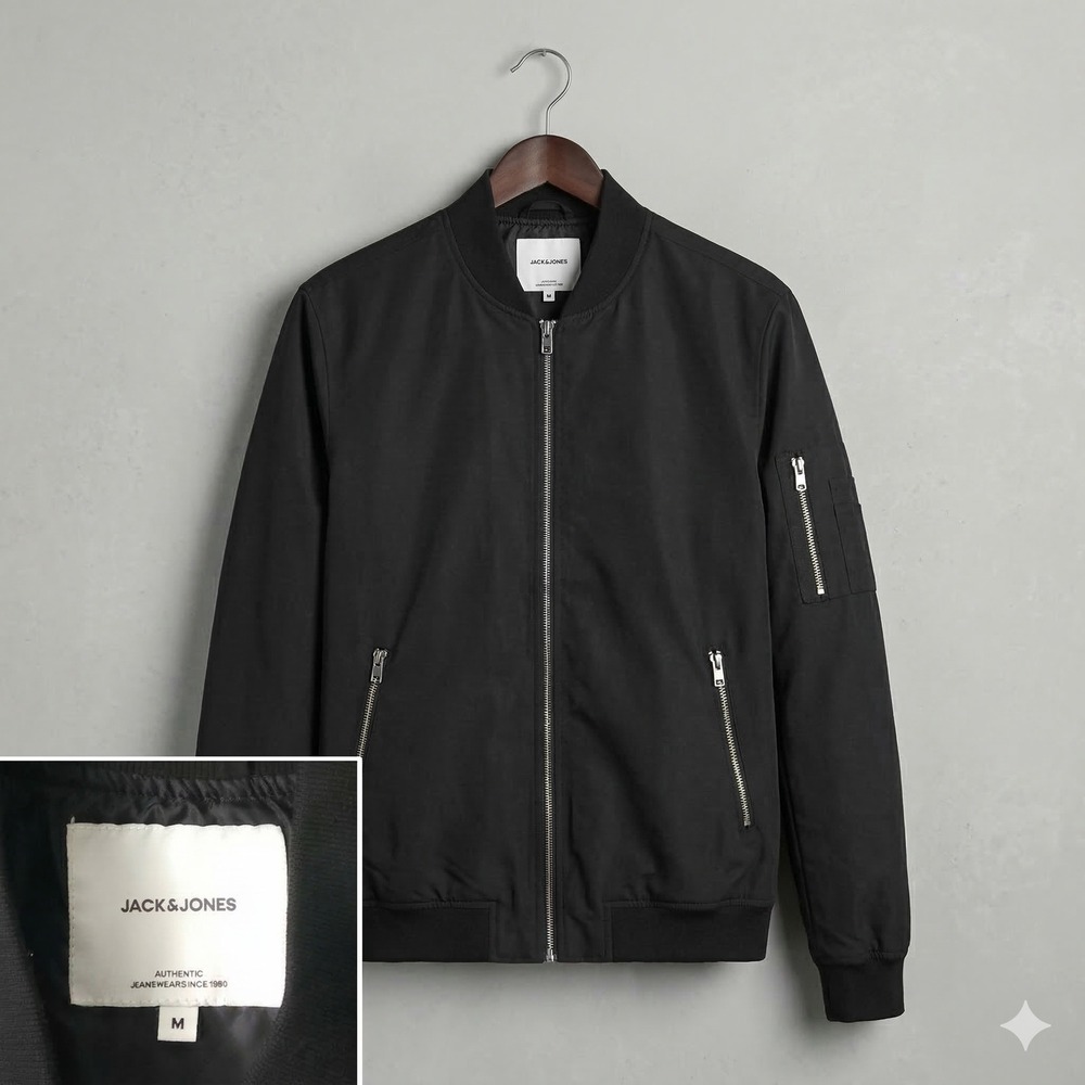 JACK & JONES Mens Black Bomber Jacket Dark Academia Minimalist Medium NWOT